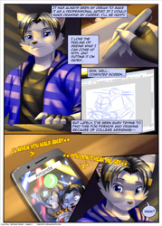 Size: 914x1280 | Tagged: safe, artist:pak009, oc, oc only, oc:amanda, oc:gojiro, cat, feline, mammal, anthro, comic:playful distractions, 2018, cell phone, chair, clothes, comic, computer, dialogue, digital art, ears, fur, hair, jacket, male, phone, sitting, smartphone, solo, solo male, song reference, speech bubble, tail, talking, text, topwear, window
