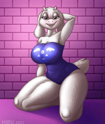 Size: 1085x1280 | Tagged: safe, artist:hirurux, toriel (undertale), bovid, goat, mammal, anthro, undertale, 2021, armpits, arms behind head, big breasts, blushing, breasts, clothes, digital art, ears, eyelashes, female, fur, horn, kneeling, looking at you, mature, mature female, one-piece swimsuit, pose, simple background, solo, solo female, swimsuit, tail, thighs, wide hips
