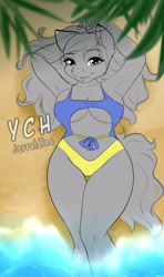 Size: 2000x3368 | Tagged: suggestive, artist:jerraldina, equine, human, mammal, pony, anthro, beach, clothes, female, high res, lying down, ocean, sexy, summer, swimsuit, water, ych
