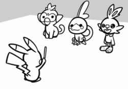 Size: 560x390 | Tagged: safe, artist:00freeze00, fictional species, grookey, mammal, pikachu, scorbunny, sobble, feral, nintendo, pokémon, rhythm heaven, 2d, 2d animation, ambiguous gender, ambiguous only, animated, frame by frame, gif, group, low res, monochrome, open mouth, screaming, sharp teeth, squigglevision, starter pokémon, stick, tail, teeth, tongue, unamused