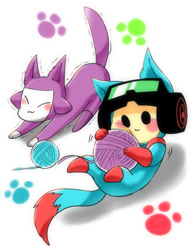 Size: 396x508 | Tagged: safe, artist:rai_8ya, airboarder (rhythm heaven), space kicker (rhythm heaven), alien, cat, feline, fictional species, hybrid, mammal, feral, nintendo, rhythm heaven, :3, blushing, catified, cute, dot eyes, duo, duo male, eyes closed, face down ass up, goggles, goggles on head, male, males only, owo, paws, simple background, smiling, species swap, tail, white background, yarn