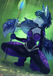 Size: 848x1200 | Tagged: safe, artist:chrysalisdraws, krystal (star fox), canine, fox, mammal, anthro, nintendo, star fox, 2020, black nose, blue body, blue eyes, blue fur, blue hair, breasts, chest fluff, choker, clothes, crouching, ear fluff, eyebrows, eyelashes, female, fluff, fur, hair, krystal's staff, multicolored fur, smiling, solo, solo female, spacesuit, spear, tail, tail accessory, tail fluff, thighs, two toned body, two toned fur, vixen, weapon, white body, white fur
