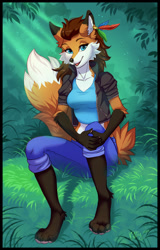 Size: 818x1280 | Tagged: safe, artist:ketty, oc, oc only, oc:samantha (synrock01), canine, fox, mammal, red fox, anthro, 2021, blue eyes, breasts, brown hair, clothes, dipstick ears, dipstick tail, ear piercing, earring, feather earring, feathers, female, fur, gloves (arm marking), hair, jacket, jeans, looking at you, orange body, orange fur, outdoors, pants, piercing, sitting, socks (leg marking), solo, solo female, tail, tank top, topwear, vixen, white body, white fur