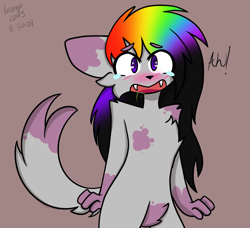 Size: 1353x1234 | Tagged: safe, artist:revenge.cats, canine, mammal, wolf, anthro, blushing, cheek fluff, chest fluff, fangs, fluff, fur, hair, male, paws, pubic fluff, purple eyes, rainbow hair, sharp teeth, shoulder fluff, simple background, solo, solo male, tail, tail fluff, teary eyes, teeth