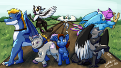 Size: 1920x1080 | Tagged: safe, artist:gyrotech, artist:silent_e, edit, oc, oc:gyro feather, oc:gyro feather (gryphon), bird, dragon, equine, feline, fictional species, furred dragon, galliform, gryphon, hippogriff, mammal, peacock gryphon, peafowl, pegasus, pony, unicorn, feral, beak, bird feet, blue body, blue feathers, blue fur, claws, color edit, feathered wings, feathers, fur, male, micro, purple feathers, tail, tail tuft, wings