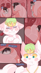 Size: 1400x2500 | Tagged: suggestive, artist:mincivore, cat, feline, mammal, mouse, rodent, anthro, comic:a princess appetite, bust, dialogue, duo, mawplay, mawshot, micro, mouth, open mouth, oral vore, saliva, size difference, talking, tongue, vore