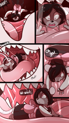 Size: 1400x2500 | Tagged: suggestive, artist:mincivore, cat, feline, mammal, mouse, rodent, anthro, comic:a princess appetite, bust, dialogue, duo, imminent vore, licking, mawplay, mawshot, micro, open mouth, oral vore, paw pads, paws, saliva, size difference, talking, tongue, tongue out, vore