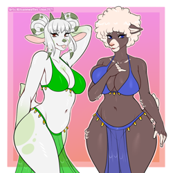 Size: 900x900 | Tagged: safe, artist:kitsunewaffles, oc, oc only, bovid, caprine, goat, mammal, sheep, anthro, 2021, bikini, bikini top, blep, breasts, clothes, commission, digital art, duo, duo female, ears, female, females only, fur, hair, horn, loincloth, pose, simple background, swimsuit, tail, thighs, tongue, tongue out, wide hips