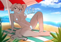 Size: 3600x2492 | Tagged: suggestive, artist:jerraldina, equine, human, mammal, pony, anthro, beach, clothes, female, high res, ocean, sexy, summer, swimsuit, umbrella, water, ych