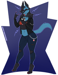 Size: 900x1150 | Tagged: safe, artist:kitsunewaffles, oc, oc only, fictional species, lucario, mammal, anthro, digitigrade anthro, nintendo, pokémon, 2021, belly button, black nose, bottomwear, breasts, clothes, commission, digital art, ears, eyelashes, female, fur, hair, jacket, microphone, one eye closed, open mouth, pants, sharp teeth, shirt, simple background, singing, solo, solo female, tail, teeth, thighs, tongue, tongue out, topwear, wide hips