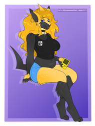 Size: 800x1054 | Tagged: safe, artist:kitsunewaffles, oc, oc only, fictional species, anthro, digitigrade anthro, game boy, nintendo, pokémon, 2021, belly button, black nose, bottomwear, breasts, choker, clothes, commission, digital art, ears, eyelashes, female, fur, hair, magnetric, shirt, shorts, simple background, sitting, slightly chubby, solo, solo female, tail, thighs, topwear, wide hips