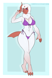 Size: 750x1115 | Tagged: safe, artist:kitsunewaffles, oc, oc only, absol, fictional species, mammal, anthro, digitigrade anthro, nintendo, pokémon, 2021, armpits, belly button, bikini, black nose, breasts, claws, clothes, commission, digital art, ears, eyelashes, female, fluff, fur, hair, neck fluff, sharp teeth, simple background, solo, solo female, swimsuit, tail, teeth, thighs, wide hips