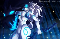 Size: 2972x1965 | Tagged: safe, artist:amanddica, kindred (league of legends), wolf (league of legends), bovid, canine, caprine, lamb, mammal, sheep, wolf, ambiguous form, anthro, league of legends, 2021, ambiguous gender, arm fluff, black body, black fur, body markings, bow (weapon), breasts, chest fluff, duo, facial markings, featureless breasts, featureless crotch, female, fluff, fur, hair, long ears, long hair, mask, open mouth, short tail, tail, tail fluff, teeth, thick thighs, thighs, weapon, white body, white fur, white hair