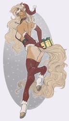 Size: 1848x3223 | Tagged: suggestive, artist:phathusa, oc, oc:anja, equine, horse, mammal, anthro, unguligrade anthro, belt, blaze (coat marking), blonde hair, blonde tail, bottomless, breasts, brown eyes, butt, christmas, clothes, digital art, ears, female, fur, hair, hat, holding object, holiday, hooves, jewelry, legwear, long hair, looking at you, looking back, looking back at you, mare, necklace, nudity, partial nudity, patreon reward, pinup, present, rear view, santa hat, sideboob, simple background, smiling, smiling at you, socks (leg marking), solo, solo female, stockings, tail, tan body, tan fur, underhoof, white background