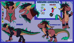 Size: 3500x2050 | Tagged: safe, artist:marykimer, oc, oc:maryam (fluffybardo), dinosaur, dragon, fictional species, reptile, anthro, claws, fangs, fluff, full body, fur, hair, headshot, high res, hooves, reference sheet, sharp teeth, simple background, tail, teeth, text, tongue