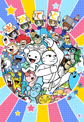 Size: 826x1200 | Tagged: safe, artist:ask_0406, barista (rhythm heaven), baxter (rhythm heaven), cam (rhythm heaven), courtney (rhythm heaven), dj student (rhythm heaven), dj yellow (rhythm heaven), ecto (rhythm heaven), forthington (rhythm heaven), inu-sensei (rhythm heaven), karate joe (rhythm heaven), lumbercat (rhythm heaven), marshall (rhythm heaven), miss ribbon (rhythm heaven), muscle doll (rhythm heaven), space dancer (rhythm heaven), spooky (rhythm heaven), tall tapper (rhythm heaven), the wandering samurai (rhythm heaven), alien, ambiguous species, amphibian, animate doll, animate object, animate plant, big cat, bird, canine, cat, chameleon, dog, feline, fictional species, frog, ghost, goo creature, huebird, human, lion, lizard, mammal, reptile, seal, undead, anthro, feral, humanoid, nintendo, rhythm heaven, aircraft, airplane, ambiguous gender, badminton, bandleader, barefoot, boo-boo (rhythm heaven), bottomwear, bow, boxing gloves, cheer readers, cheerleader, clothes, derp, doll, dot eyes, electric guitar, eyelashes, fangs, feathered wings, feathers, female, food, fruit, glasses, gloves, goggles, goo, guitar, headphones, human facial structure, japanese text, lemon, looking at you, male, microbe, microphone, muscles, muscular male, musical instrument, onion, open mouth, popper, potato, punching bag, racket, rocket, sharp teeth, size difference, smiling, space paddler (rhythm heaven), stars, sword, table tennis, tail, tambourine, teeth, the school library pep squad, tongue, tongue out, topwear, translation request, unnamed character, vegetables, vehicle, wall of tags, weapon, wings