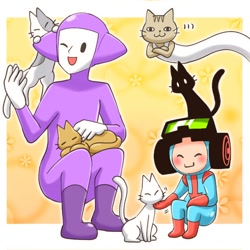Size: 680x680 | Tagged: safe, artist:rai_8ya, airboarder (rhythm heaven), lumbercat (rhythm heaven), space kicker (rhythm heaven), alien, cat, feline, fictional species, halfling, mammal, anthro, feral, humanoid, nintendo, rhythm heaven, abstract background, ambiguous gender, blushing, crossed arms, eyes closed, goggles, goggles on head, group, long, long body, male, on lap, one eye closed, open mouth, sitting, size difference, tail, unnamed character, winking