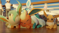 Size: 1280x720 | Tagged: safe, artist:mrpatafoin, eevee, eeveelution, espeon, fictional species, flareon, glaceon, human, leafeon, mammal, feral, nintendo, pokémon, 3d, awww, black nose, blender, chair, cute, digital art, ears, eyes closed, fluff, fur, group, hair, neck fluff, paw pads, paws, sitting, source filmmaker, tail, underpaw