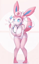 Size: 796x1280 | Tagged: suggestive, artist:ayzcube, eeveelution, fictional species, mammal, sylveon, anthro, digitigrade anthro, nintendo, pokémon, 2020, bent over, big breasts, blushing, breasts, cameltoe, clothes, digital art, ears, eyelashes, female, fur, hanging breasts, hat, legwear, nipple slip, nurse, nurse hat, nurse outfit, open mouth, panties, solo, solo female, stockings, tail, thighs, underwear, wardrobe malfunction, wide hips