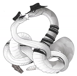 Size: 1280x1253 | Tagged: safe, artist:jabbersart, rattlesnake jake (rango), rattlesnake, reptile, snake, feral, beastars, rango (film), clothes, duo, female, hat, male, rokume (beastars)