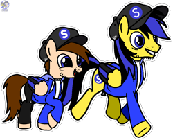 Size: 1024x829 | Tagged: safe, artist:mrstheartist, artist:rerorir, oc, oc only, oc:ponyseb 2.0, oc:seb the pony, equine, fictional species, mammal, pegasus, pony, feral, friendship is magic, hasbro, my little pony, base used, baseball cap, black outline, cap, clothes, colored wingtips, duo, hat, hoodie, simple background, snapback, topwear, transparent background, trotting, twins, wings
