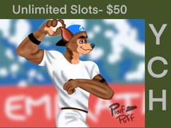 Size: 2048x1536 | Tagged: safe, artist:ploufpuff, oc, oc only, anthro, backwards ballcap, ball, baseball, baseball cap, bottomwear, cap, clothes, commission, hat, male, pants, shirt, solo, solo male, sports, topwear, ych, ych example