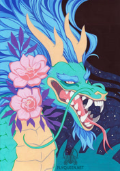 Size: 633x900 | Tagged: safe, artist:rotarr, dragon, eastern dragon, fictional species, reptile, 2019, blue hair, flower, green body, hair, horns, open mouth, plant, solo, teeth, tongue, traditional art