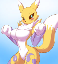 Size: 2100x2300 | Tagged: suggestive, artist:gundambgft, fictional species, renamon, anthro, digimon, 2021, adorasexy, armwear, big breasts, black nose, black sclera, blue eyes, blushing, body markings, breasts, chest fluff, colored sclera, cute, ears, eyebrows, eyelashes, facial markings, featureless breasts, featureless crotch, female, fluff, fur, high res, multicolored fur, open mouth, sexy, solo, solo female, tail, tail fluff, thick thighs, thighs, two toned body, two toned fur, white body, white fur, yellow body, yellow fur