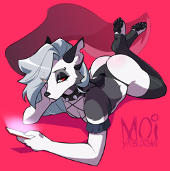 Size: 2919x2944 | Tagged: suggestive, artist:moiyablochki, loona (vivzmind), canine, fictional species, hellhound, mammal, anthro, digitigrade anthro, hazbin hotel, helluva boss, 2021, big butt, black nose, black paw pads, bottomwear, breasts, butt, cell phone, clothes, collar, colored sclera, ear fluff, ears, eyebrow piercing, eyebrows, eyelashes, eyeshadow, female, fluff, fur, gray body, gray fur, gray hair, hair, high res, legwear, long hair, lying down, makeup, multicolored fur, paw pads, paws, phone, piercing, red sclera, smartphone, solo, solo female, spiked collar, tail, thick thighs, thigh highs, thighs, tight clothing, toeless legwear, topwear, torn clothes, torn ear, underpaw, white body, white eyes, white fur