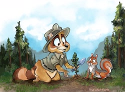 Size: 1280x941 | Tagged: safe, artist:spain fischer, mammal, procyonid, raccoon, rodent, squirrel, feral, semi-anthro, 2021, brown body, brown eyes, brown fur, clothes, duo, duo male, ears, forest, fur, gray body, gray fur, hat, kneeling, male, males only, nudity, outdoors, partial nudity, paws, plant, ranger, ranger rick, red body, red fur, sammy squirrel, tail, tree