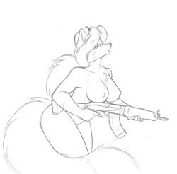 Size: 915x901 | Tagged: suggestive, artist:starfighter, part of a set, oc, oc:sheila vixen, canine, fox, mammal, anthro, 2018, ak-47, assault rifle, big breasts, breasts, cleavage, cleavage fluff, clothes, ears, eyebrow through hair, eyebrows, female, fluff, fur, gloves (arm marking), gun, hair, hat, holding object, looking at you, monochrome, nipple outline, nudity, part of a series, rifle, simple background, sketch, smiling, smiling at you, solo, solo female, standing, tail, this will end in communism, trigger discipline, vixen, weapon, white background