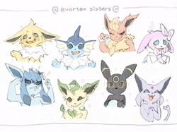 Size: 2048x1535 | Tagged: safe, artist:kame, eeveelution, espeon, fictional species, flareon, glaceon, jolteon, leafeon, mammal, sylveon, umbreon, vaporeon, anthro, feral, nintendo, pokémon, 2021, bedroom eyes, blushing, cell phone, crazy face, digital art, ears, eyelashes, female, females only, floppy ears, fluff, fur, hair, happy, japanese text, looking at you, looking back, looking back at you, neck fluff, one eye closed, open mouth, phone, pose, selfie, sharp teeth, simple background, smartphone, teeth, tongue, white background