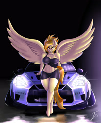 Size: 3300x4000 | Tagged: safe, artist:nexcoyotlgt, spitfire (mlp), equine, fictional species, mammal, pegasus, pony, anthro, unguligrade anthro, friendship is magic, hasbro, my little pony, 2020, anthrofied, bedroom eyes, belly button, bottomwear, breasts, car, clothes, digital art, ears, eyelashes, feathered wings, feathers, female, fur, hair, hooves, looking at you, mare, midriff, nissan, nissan gt-r, pose, shorts, solo, solo female, spread wings, tail, tank top, thighs, topwear, vehicle, wide hips, wings