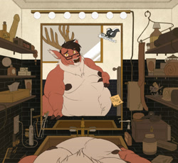 Size: 2250x2068 | Tagged: safe, artist:mellowhen, oc, oc only, oc:jacob, cervid, deer, mammal, antlers, areola, bathroom, belly, bhm, bottle, box, brown body, brown fur, buck, cable, chest fluff, clock, clothes, comb, cream body, cream fur, detailed background, fat, faucet, figurine, finger hooves, fluff, fondling, front view, fur, glass, glasses, hanger, high res, huge belly, indoors, male, mirror, necktie, obese, offscreen character, pov, reflection, shelf, sink, tissues, toothbrush, towel, yellow eyes