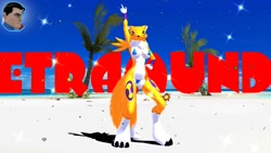 Size: 1280x720 | Tagged: suggestive, artist:tetramundo, fictional species, renamon, anthro, digitigrade anthro, digimon, 3d, belly button, bikini, black nose, breasts, clothes, digital art, ears, female, fur, hand on hip, micro bikini, solo, solo female, swimsuit, tail, thighs, wide hips