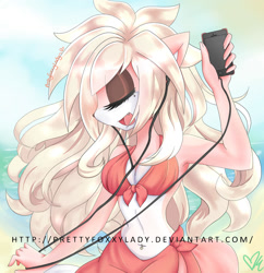 Size: 1450x1500 | Tagged: safe, artist:prettyfoxxylady, canine, fox, mammal, anthro, bikini, cell phone, clothes, dancing, earbuds, female, phone, smartphone, solo, solo female, swimsuit