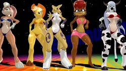 Size: 480x270 | Tagged: suggestive, artist:tetramundo, applejack (mlp), lola bunny (looney tunes), princess sally acorn (sonic), bovid, cattle, chipmunk, cow, earth pony, equine, fictional species, lagomorph, mammal, pony, rabbit, renamon, rodent, anthro, digitigrade anthro, plantigrade anthro, unguligrade anthro, archie sonic the hedgehog, digimon, friendship is magic, hasbro, looney tunes, my little pony, sega, sonic the hedgehog (series), warner brothers, 16:9, 3d, anthrofied, belly button, bikini, black nose, blue bikini, blue swim, bottomwear, breasts, clothes, crossover, digital art, ears, female, females only, fur, group, hair, hooves, horn, low res, orange bikini, orange swimsuit, red bikini, red swimsuit, shorts, sports bra, sports shorts, swimsuit, tail, thighs, topwear, wide hips