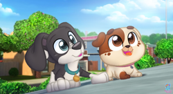 Size: 2520x1370 | Tagged: safe, artist:rainbow eevee, canine, dog, mammal, disney, puppy dog pals, auggie (puppy dog pals), baby, blue eyes, brown body, brown eyes, brown fur, collar, cream body, cream fur, cute, digital art, duo, eyebrows, female, fur, gray body, gray fur, happy, male, mo (puppy dog pals), multicolored fur, puppy, siblings, smiling, tongue, tongue out, two toned body, two toned fur, white body, white fur, young