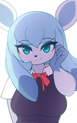 Size: 900x1440 | Tagged: safe, artist:pinkcappachino, eeveelution, fictional species, glaceon, mammal, anthro, nintendo, pokémon, 2021, big breasts, black nose, blue body, blue eyes, blue fur, blue hair, blushing, breasts, clothes, cute, ear fluff, eyebrows, eyelashes, female, fluff, fur, gloves (arm marking), hair, long hair, looking at you, necktie, shirt, smiling, smiling at you, solo, solo female, topwear