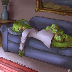 Size: 2500x2500 | Tagged: safe, artist:louart, oc, oc:sylene, reptile, snake, anthro, clothes, couch, female, high res, lying down, multiple heads, shirt, sleeping, solo, solo female, topwear