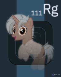 Size: 4000x5000 | Tagged: safe, artist:parclytaxel, oc, oc only, oc:ghastly stitches, equine, fictional species, ghost, ghost pony, mammal, pony, undead, unicorn, feral, series:joycall6's periodic table, hasbro, my little pony, .svg available, absurd resolution, chemistry, clothes, floating, looking at you, male, periodic table, roentgenium, see-through, smiling, solo, solo male, stallion, translucent body, vector, x-ray machine
