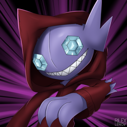 Size: 540x540 | Tagged: safe, artist:rilexlenov, fictional species, sableye, anthro, nintendo, pokémon, 2018, claws, clothes, digital art, hoodie, looking at you, sharp teeth, simple background, smiling, smiling at you, solo, teeth, topwear