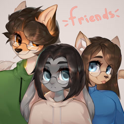 Size: 1280x1280 | Tagged: safe, artist:oyasumineko, oc, oc only, canine, cat, feline, fox, lagomorph, mammal, rabbit, anthro, 2021, blep, clothes, digital art, ears, female, fur, glasses, group, hair, looking at you, male, round glasses, shirt, simple background, tongue, tongue out, topwear, trio