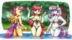 Size: 2560x1440 | Tagged: safe, artist:king-kakapo, apple bloom (mlp), scootaloo (mlp), sweetie belle (mlp), earth pony, equine, fictional species, mammal, pegasus, pony, unicorn, anthro, friendship is magic, hasbro, my little pony, 16:9, 2021, 4 fingers, absolute cleavage, anthrofied, belly button, big breasts, bikini, blushing, both cutie marks, bow, breasts, butt, chest fluff, cleavage, clothes, curvy, cutie mark, cutie mark crusaders (mlp), eye through hair, eyebrow through hair, eyebrows, eyelashes, feathered wings, feathers, female, females only, fluff, green eyes, hair, hair bow, hand on hip, hourglass figure, long hair, looking at you, older, open mouth, orange eyes, outdoors, partially submerged, plant, purple eyes, raised arms, sexy, short hair, side-tie bikini, smiling, smiling at you, swimsuit, thick thighs, thigh gap, thighs, thong swimsuit, tree, trio, trio female, underass, wallpaper, water, wet, wide hips, wings