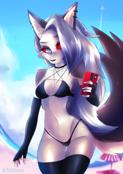 Size: 1240x1754 | Tagged: safe, artist:kiwanoni, loona (vivzmind), canine, fictional species, hellhound, mammal, anthro, hazbin hotel, helluva boss, bang, bedroom eyes, belly button, bikini, clothes, cute, ear piercing, earring, female, fluff, fur, gloves, gray body, hair, legwear, long hair, make up, phone, piercing, red eyes, seductive look, seductive pose, sexy, solo, solo female, swimsuit, tail, thigh highs, white, white body