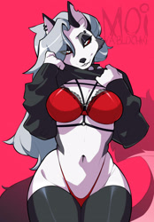 Size: 2054x2958 | Tagged: suggestive, artist:moiyablochki, loona (vivzmind), canine, fictional species, hellhound, mammal, anthro, hazbin hotel, helluva boss, 2021, belly button, big breasts, black nose, bra, breasts, clothes, clothing lift, collar, colored sclera, ear fluff, ear piercing, earring, ears, eyebrow piercing, eyebrows, eyelashes, eyeshadow, female, fluff, fur, gray body, gray fur, gray hair, hair, high res, legwear, long hair, looking at you, makeup, multicolored fur, panties, piercing, red sclera, smiling, smiling at you, solo, solo female, spiked collar, tail, tail fluff, thick thighs, thigh highs, thighs, topwear, torn ear, underwear, white body, white eyes, white fur