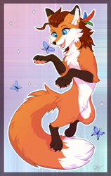 Size: 811x1280 | Tagged: safe, artist:ketty, oc, oc only, oc:samantha (synrock01), arthropod, butterfly, canine, fox, insect, mammal, red fox, feral, abstract background, blue eyes, brown hair, dipstick ears, dipstick tail, ear fluff, ear piercing, eyebrows, eyelashes, feathers, female, fluff, fur, hair, open mouth, orange body, orange fur, piercing, socks (leg marking), solo, solo female, tail, vixen, white body, white fur