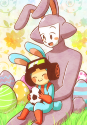 Size: 406x580 | Tagged: safe, artist:rai_8ya, airboarder (rhythm heaven), space kicker (rhythm heaven), alien, animal humanoid, fictional species, hybrid, lagomorph, mammal, rabbit, humanoid, nintendo, rhythm heaven, airkicker (rhythm heaven), blushing, bunnified, duo, duo male, easter egg, eyes closed, goggles, goggles on head, grass, holding object, male, males only, open mouth, shipping, sitting, species swap, tail, tongue