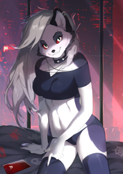Size: 1378x1946 | Tagged: safe, artist:ria_woof17, loona (vivzmind), canine, fictional species, hellhound, mammal, anthro, hazbin hotel, helluva boss, 2021, big breasts, bottomwear, breasts, cell phone, clothes, collar, crop top, cropped shirt, ear fluff, ear piercing, earring, eyebrow piercing, eyebrows, eyelashes, eyeshadow, female, fluff, fur, gray body, gray fur, gray hair, hair, legwear, long hair, looking at you, makeup, midriff, phone, piercing, red eyes, smartphone, smiling, smiling at you, solo, solo female, spiked collar, teeth, thigh highs, thighs, topwear, whiskers, white body, white eyes, white fur