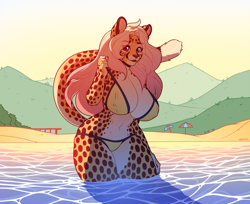 Size: 1300x1059 | Tagged: safe, artist:varollis, oc, oc only, oc:alexandra (velocitycat), cheetah, feline, mammal, anthro, abs, beach, big breasts, bikini, breasts, cleavage, clothes, cream body, cream fur, ear fluff, eyebrows, eyelashes, female, fluff, fur, hair, long hair, looking at you, multicolored fur, muscles, muscular female, orange body, orange fur, partially submerged, sand, smiling, smiling at you, solo, solo female, spotted fur, swimsuit, tail, tail fluff, thick thighs, thighs, water